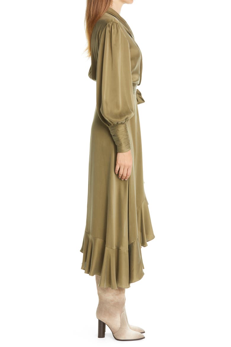 Long Sleeve Silk Satin Wrap Dress, Alternate, color, FENNEL