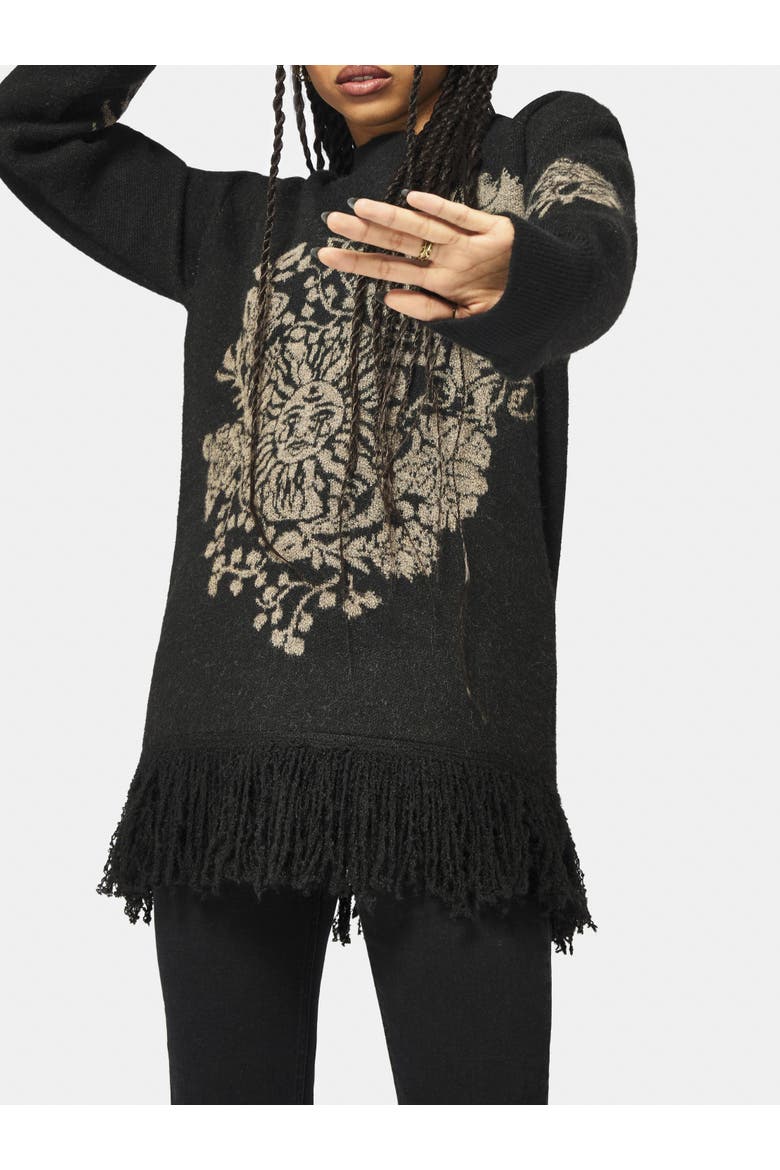 Dia Fringe Hem Jacquard Knit Sweater, Alternate, color, Black