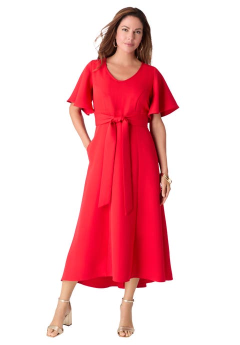 Plus Size Flutter Sleeve V Neck Fit And Flare Bi Stretch Maxi Dress