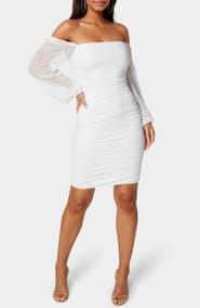 bebe Ruched Off the Shoulder Long Sleeve Body-Con Dress