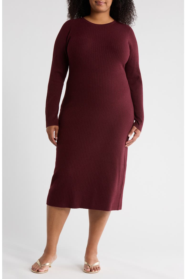 Ribbed Long Sleeve Sweater Dress, Main, color, BURGUNDY TANNIN