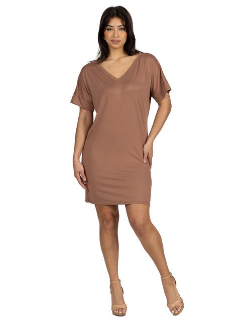 Solid Color Loose Fit V-Neck T Shirt Style Knee Length Dress