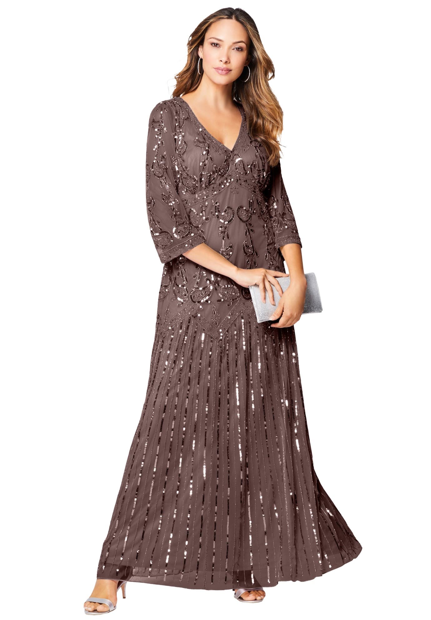 Plus Size Beaded V-Neck 3/4 Sleeve Sleeve Maxi Gown - image 4