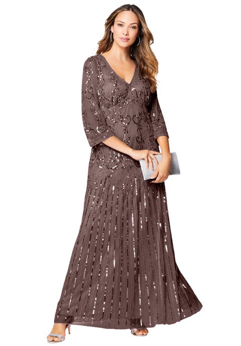 Plus Size Beaded V-Neck 3/4 Sleeve Sleeve Maxi Gown (Plus)