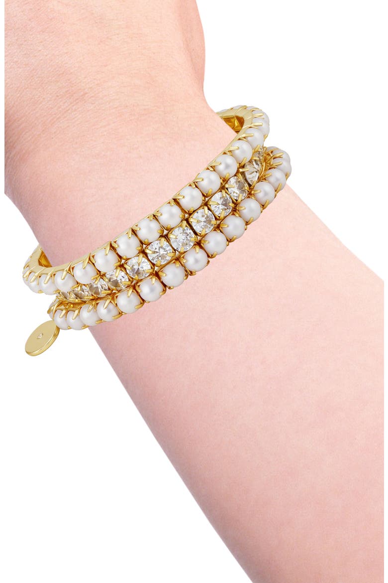Imitation Pearl and Crystal Set of 3 Stretch Bracelets, Alternate, color, GOLD TONE