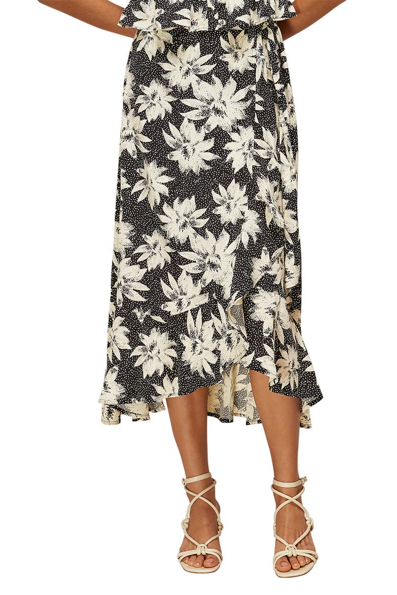Starburst Floral Wrap Midi Skirt, Main, color, BLACK/ WHITE