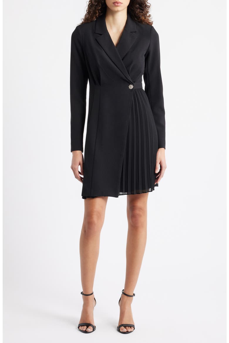 Rhinestone Detail Long Sleeve Stretch Crepe Dress, Main, color, BLACK