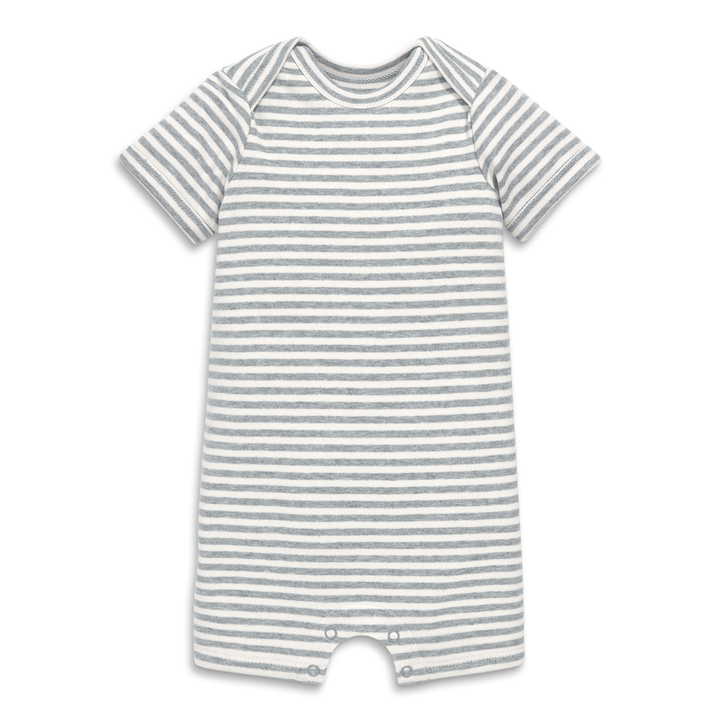Primary Organic Babysuit Shortie In Stripe In Heather Gray Ivory Mini Stripe