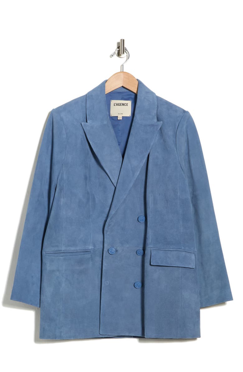 L'AGENCE Aimee Relaxed Fit Double Breasted Suede Blazer, Main, color, Blue Horizon