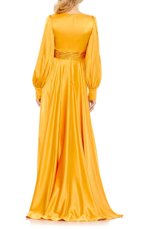 Mac Duggal Flowy Split Bishop Sleeve Faux Wrap Gown In Marigold