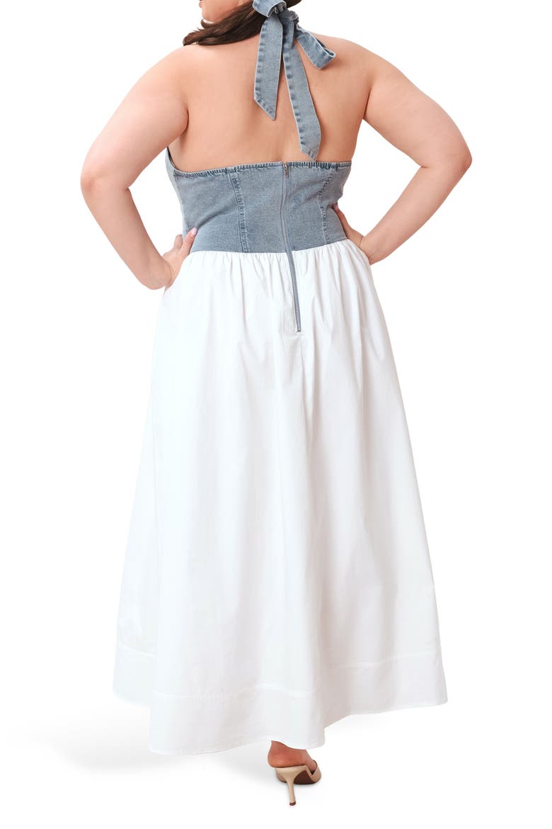 Halter Vest Mixed Media Maxi Dress, Alternate, color, DENIM/ WHITE
