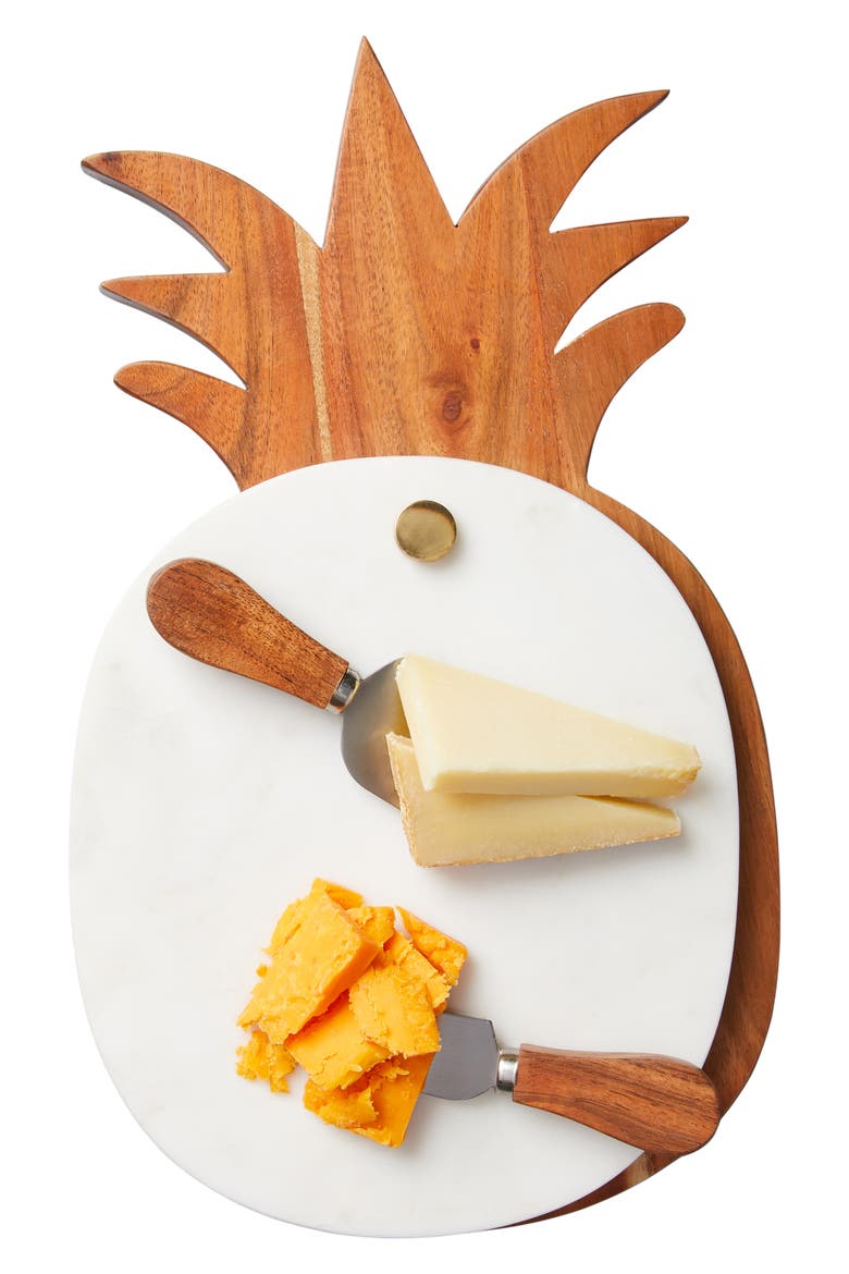 Anthropologie Marble Pineapple Cheeseboard & Set of 3 Cheese Knives, Alternate, color, WHITE