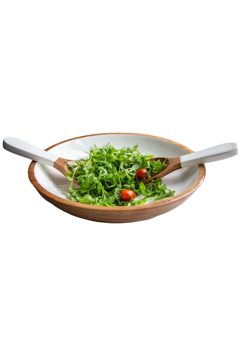 Wood + White Collection Large Salad Bowl & Servers Set, Main, color, White, Brown