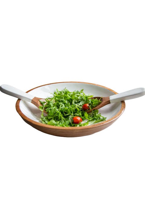Wood + White Collection Large Salad Bowl & Servers Set