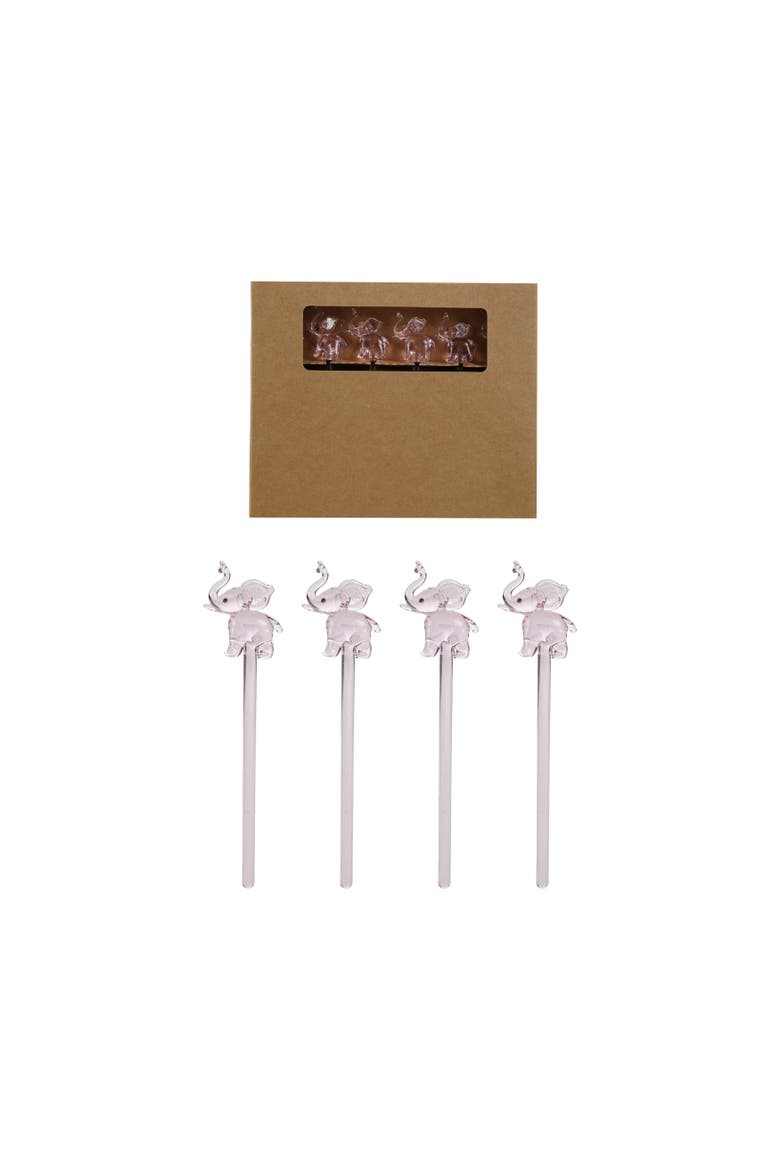 Elephant Glass Drink Stirrers, Set of 6, Main, color, Pink and Clear