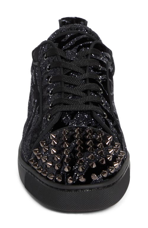 Christian Louboutin Louis Junior Spikes Studded Glittered Velour Sneakers In Black