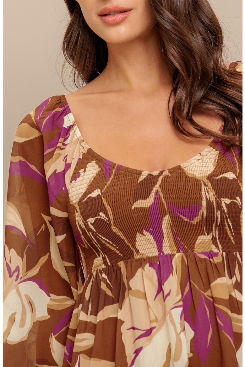 Floral Long Sleeve Tiered Babydoll Dress, Alternate, color, BROWN