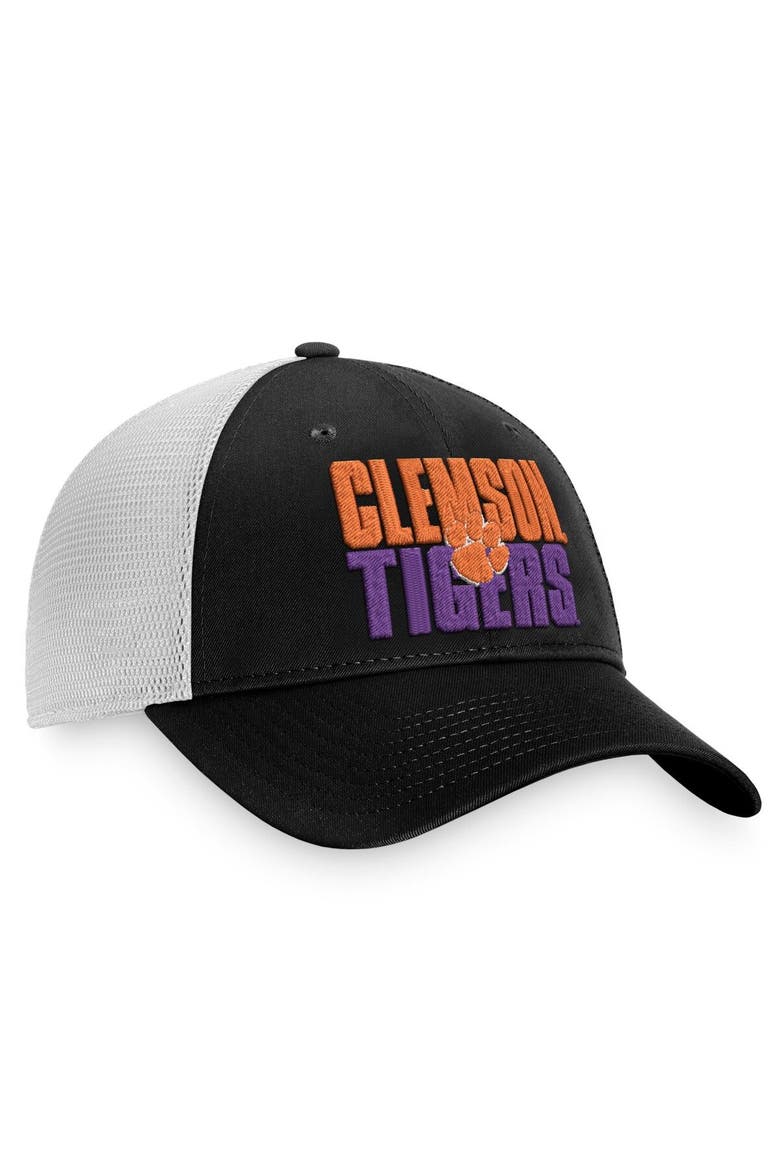 Men's Top of the World Black/White Clemson Tigers Stockpile Trucker Snapback Hat, Alternate, color, Black