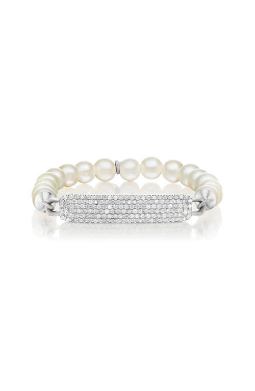 Sheryl Lowe Small Diamond Id Tag On Pearl Bead Bracelet In Pearl/sterling Silver