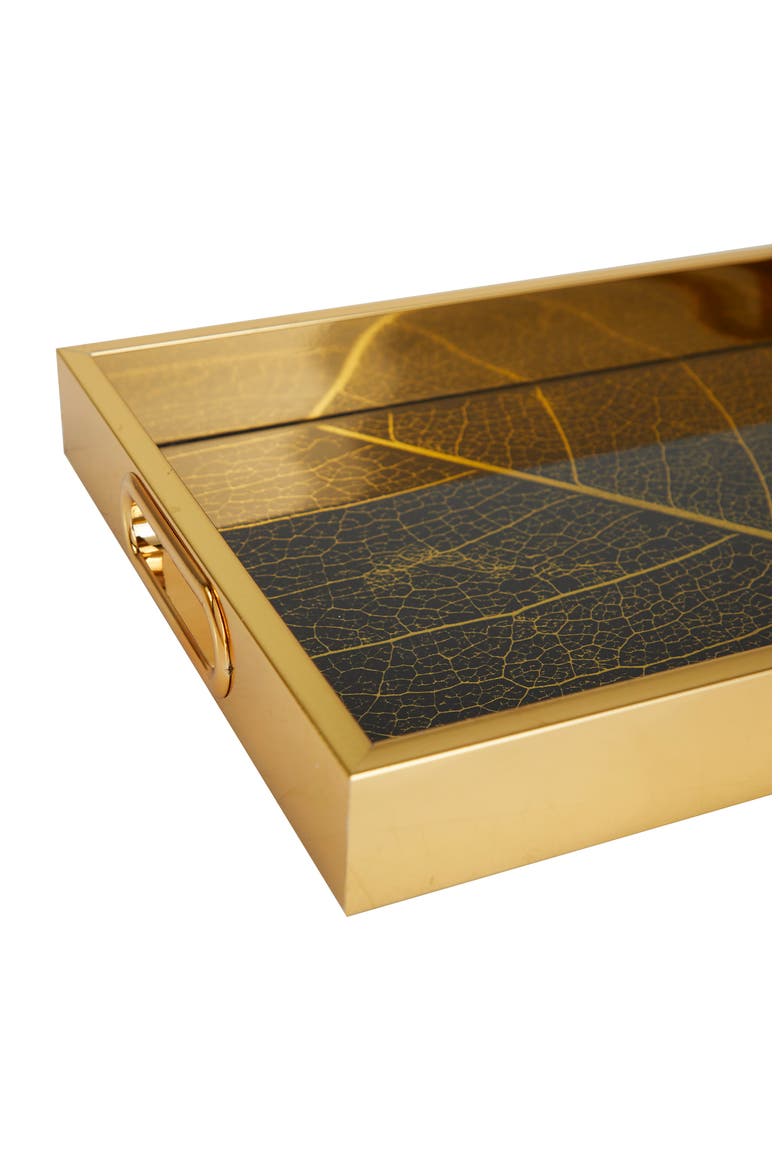 Gold Plastic Geometric Tray with Black Glass - Set of 2, Alternate, color, GOLD