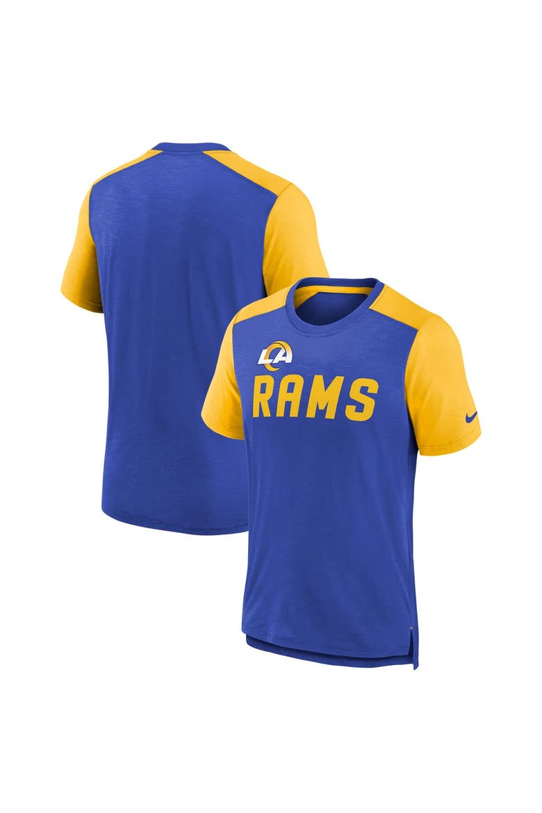 Youth Nike Heathered Royal/Heathered Gold Los Angeles Rams Colorblock Team Name T-Shirt, Main, color, Heather Royal