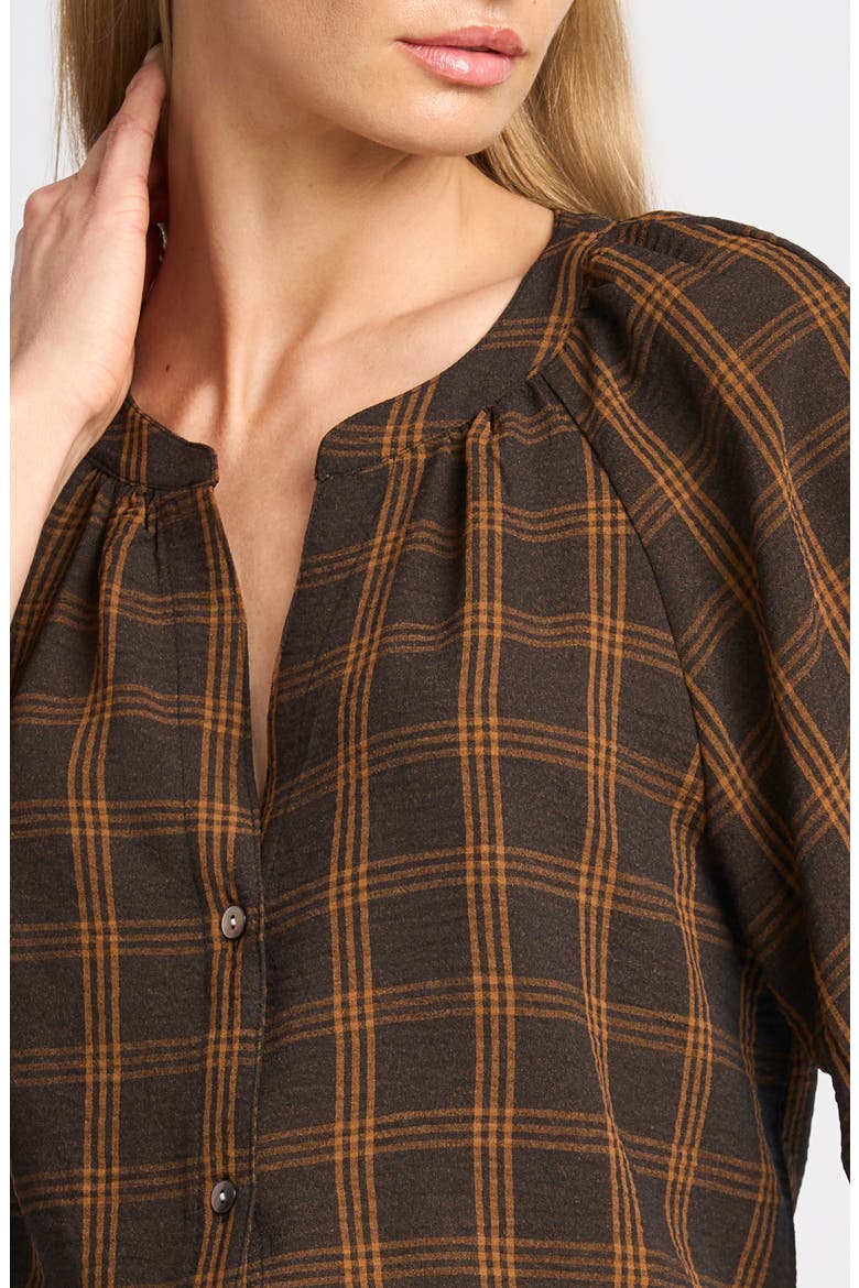 Plaid Raglan Sleeved Button Down Top, Alternate, color, TOBACCO BROWN