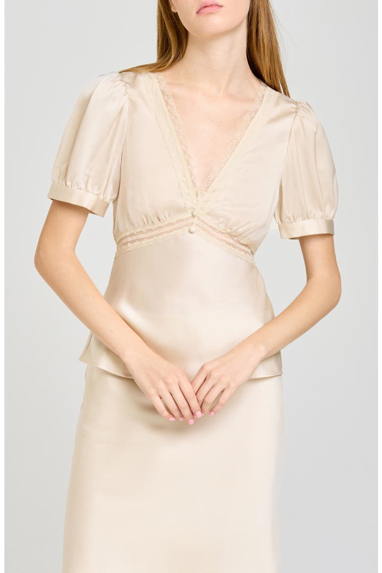 Felicity Lace Trim V-Neck Satin Top, Main, color, CREAM