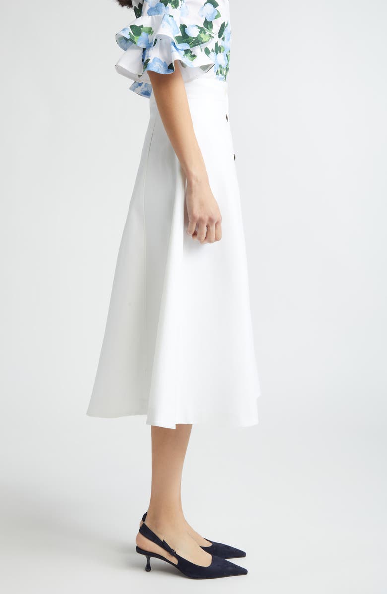 Carolina Herrera Button Front Stretch Cotton Sateen Midi Skirt, Alternate, color, White