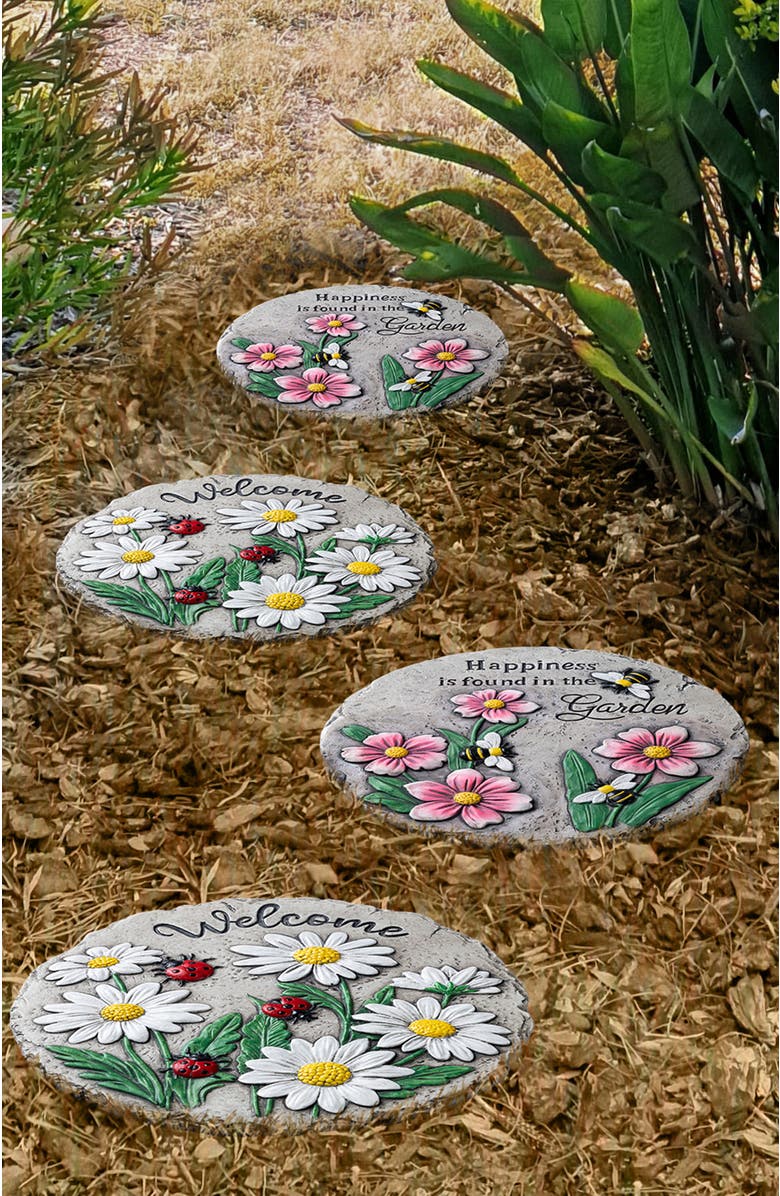 Glitzhome Set of 2 Cement Flower Textured Stepping Stones, Alternate, color, Grey