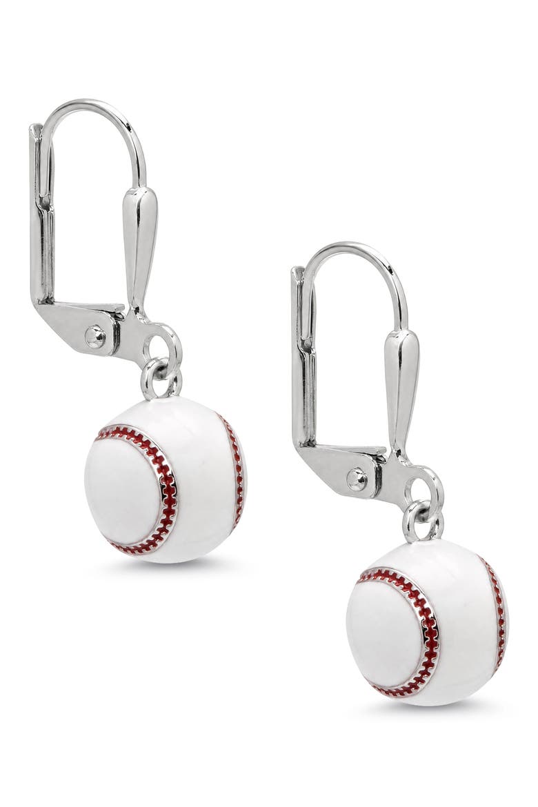 Kids' 3D Baseball Leverback Drop Earrings, Main, color, WHITE