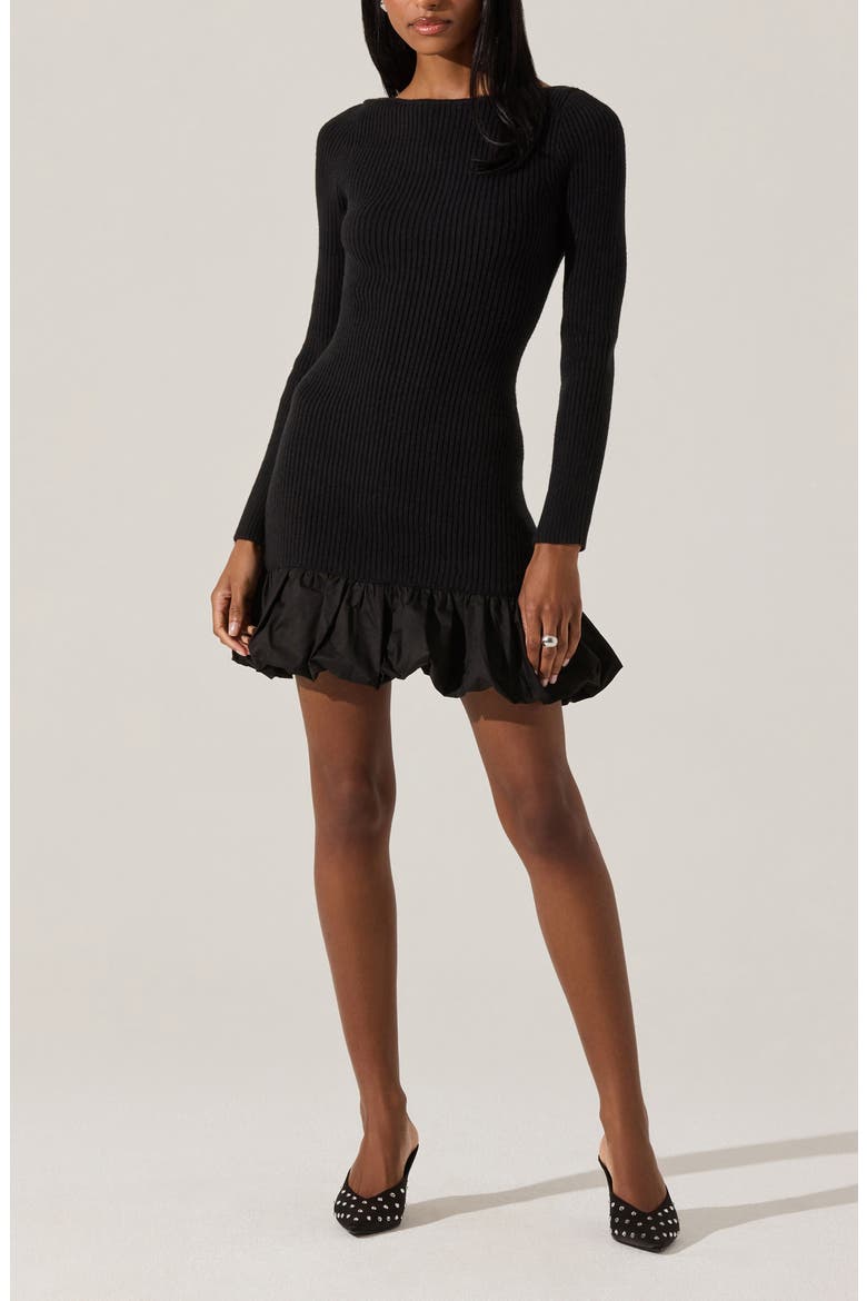 Carlene Long Sleeve Mixed Media Bubble Hem Minidress, Alternate, color, BLACK