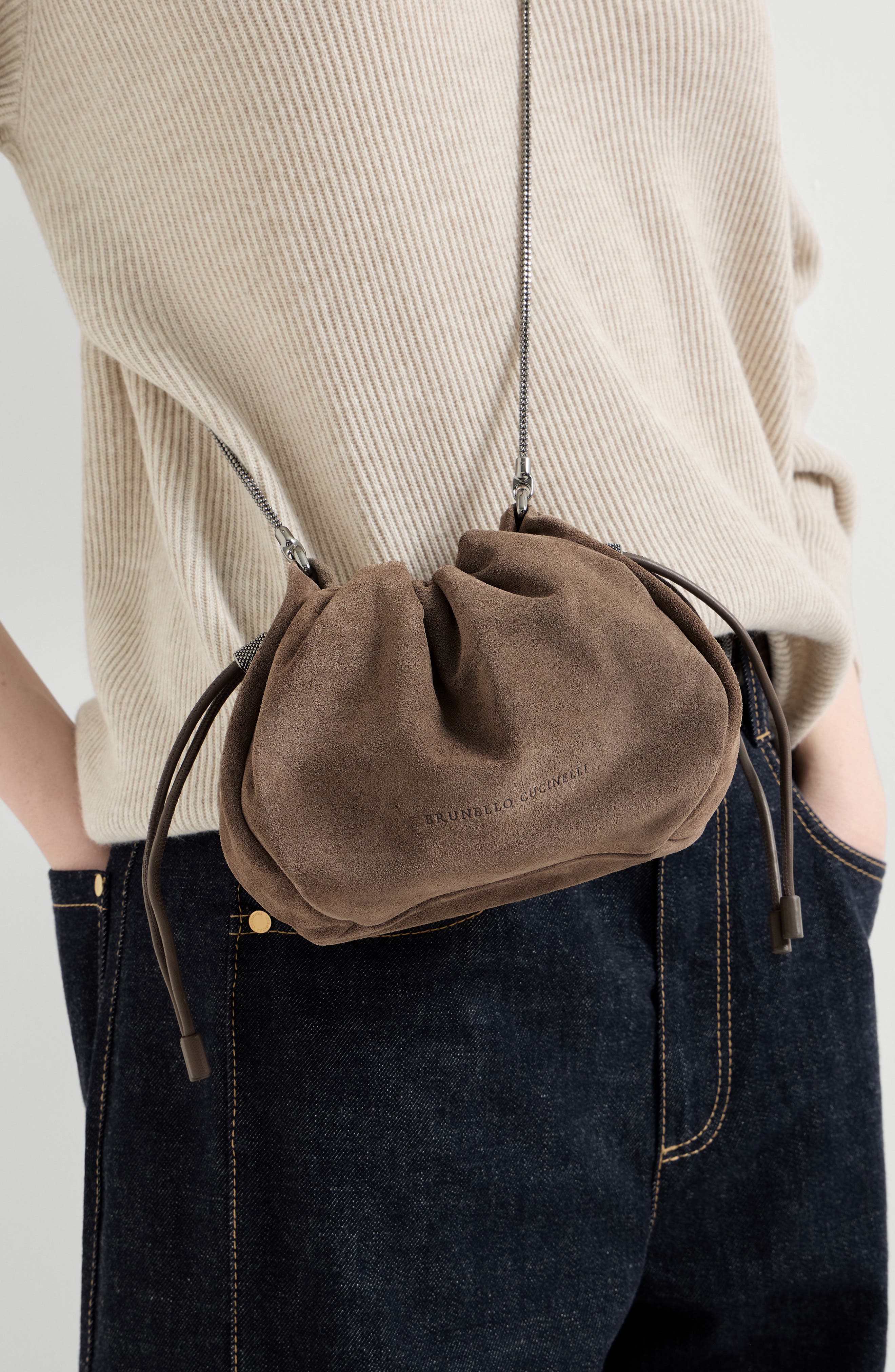 Brunello Cucinelli Suede mini Mellow Bucket bag, Alternate, color, Light Brown