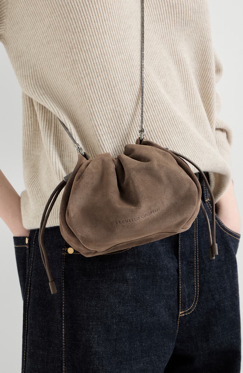 Brunello Cucinelli Suede mini Mellow Bucket bag, Alternate, color, Light Brown