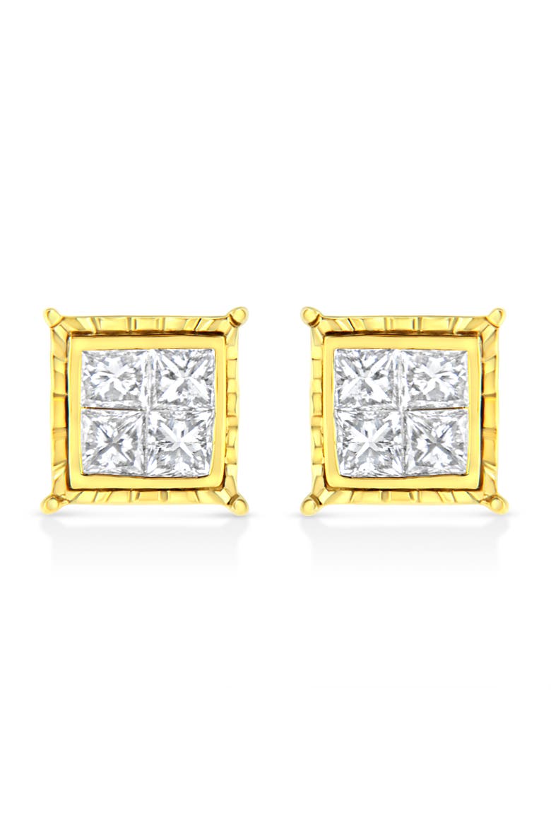 14K Yellow Gold 1.0 Ct Invisible Princess Composite 8 Stone Stud Earrings, Main, color, Yellow