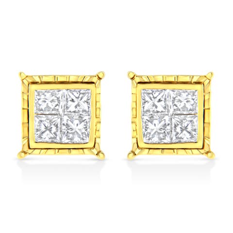 14K Yellow Gold 1.0 Ct Invisible Princess Composite 8 Stone Stud Earrings