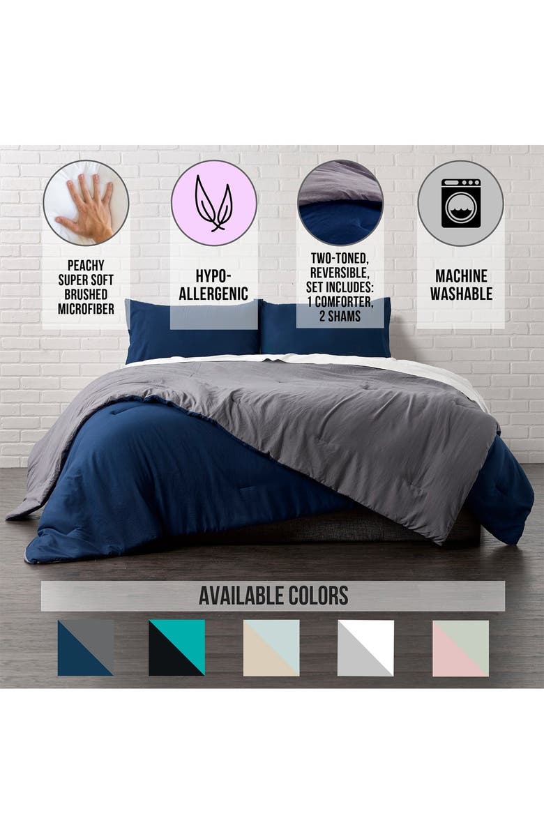 ELLA JAYNE HOME Reversible Brushed Microfiber Plush Down-Alt Comforter 3 Piece Set - King - Charcoal/Navy, Alternate, color, 