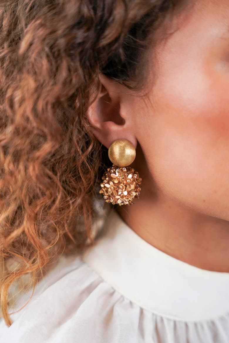 Sequin Flower Globe Statement Earrings in Gold, Alternate, color, Gold