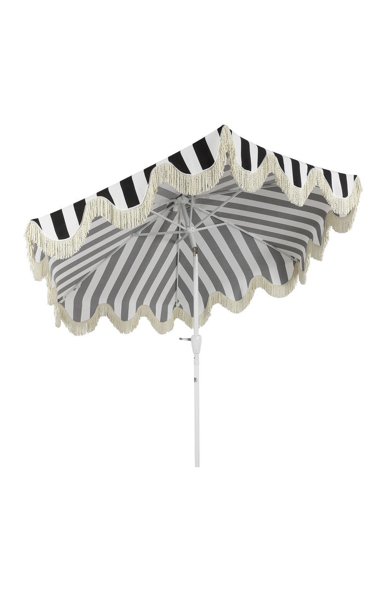 JONATHAN Y Collins 9 ft. Classic Cottage Fringe Tassel Market Patio Umbrella with Auto-Tilt Crank, Alternate, color, Black/White - White Pole