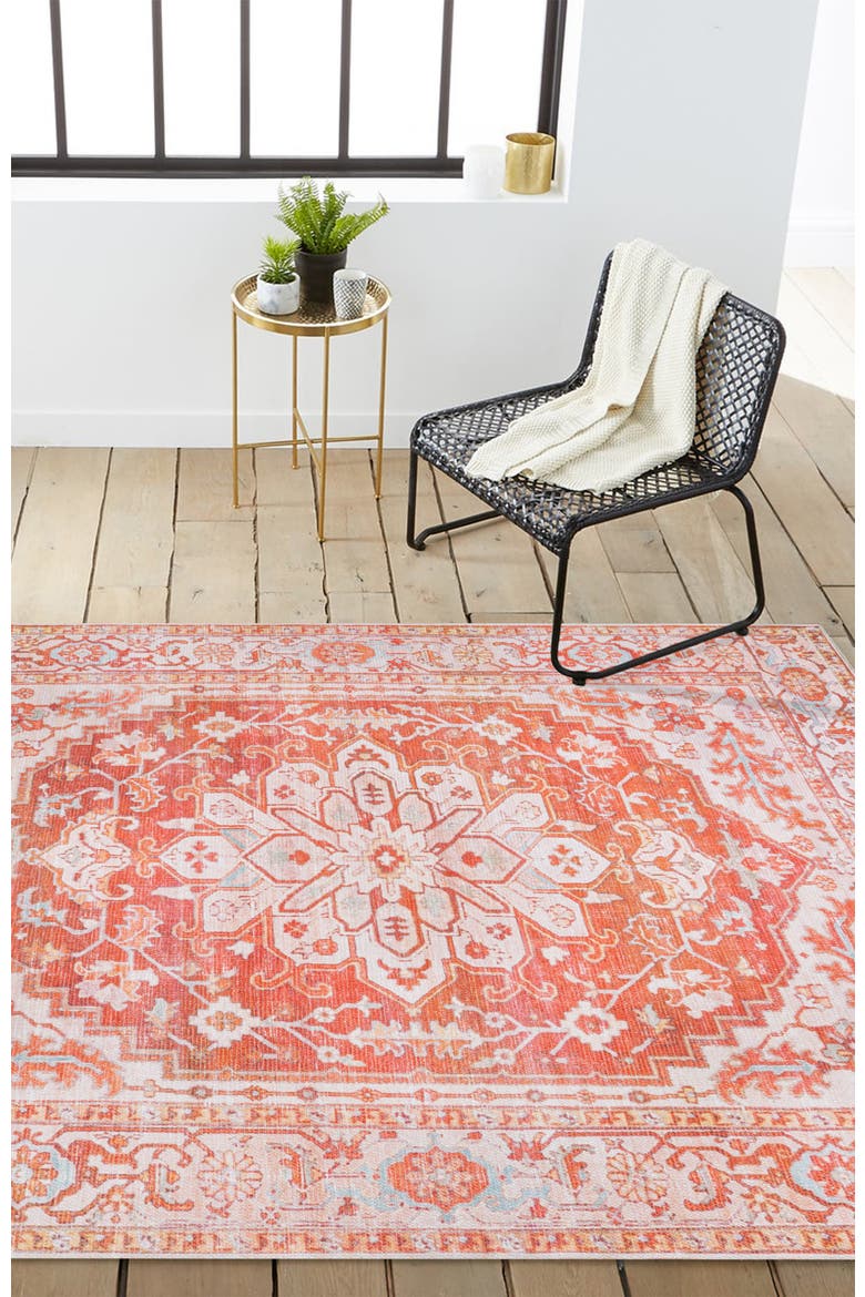 Asa Ornate Medallion Machine-Washable Area Rug, Alternate, color, Orange/Cream