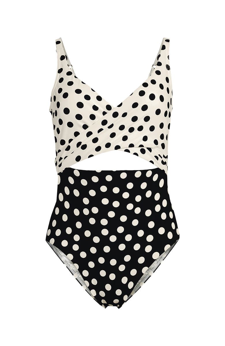 Lands' End Wrap Monokini High Leg One Piece Swimsuit, Alternate, color, Black/Egret Mixed Tossed Dots
