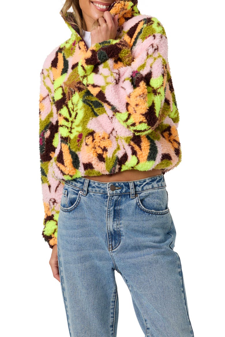 Kacey High Pile Floral Half Zip Jacket, Alternate, color, CHARTREUSE