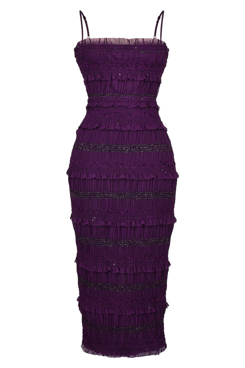 Solana Pleated Ruffle Sequin Body-Con Dress, Alternate, color, DARK PURPLE
