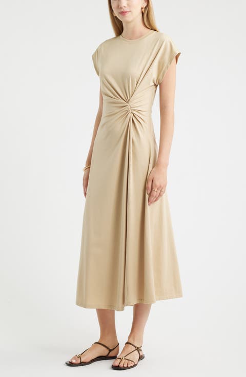 Crew Neck Side Twist Midi T-Shirt Dress