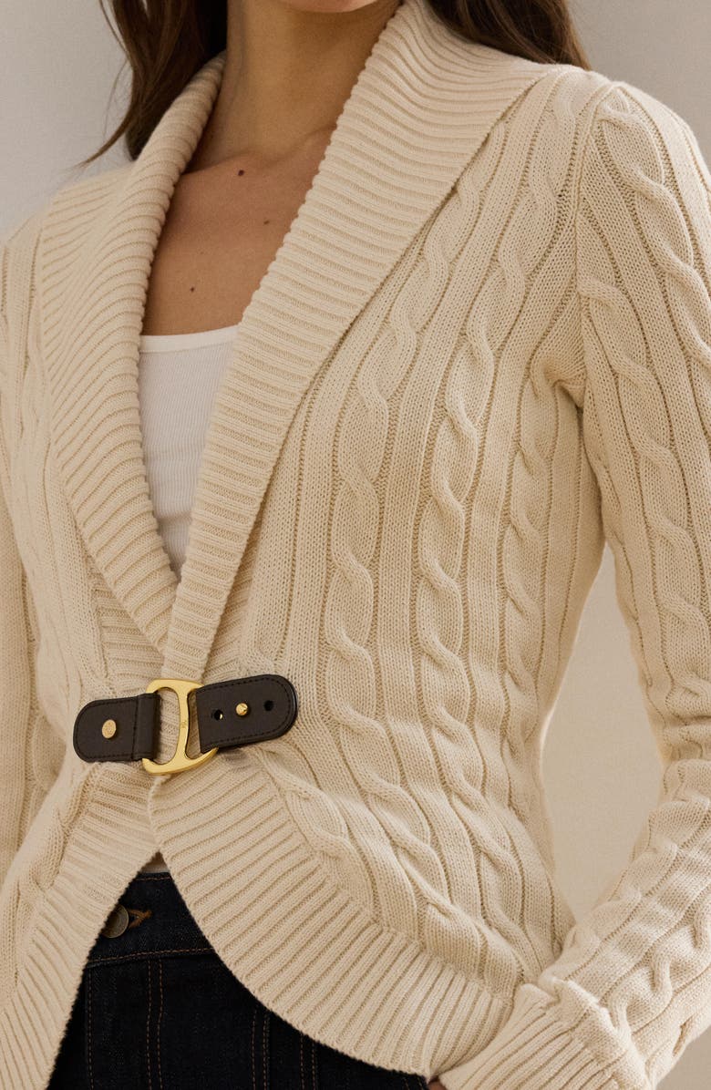 Lauren Ralph Lauren Gassed Cable Stitch Belted Cardigan, Alternate, color, Mascarpone Cream