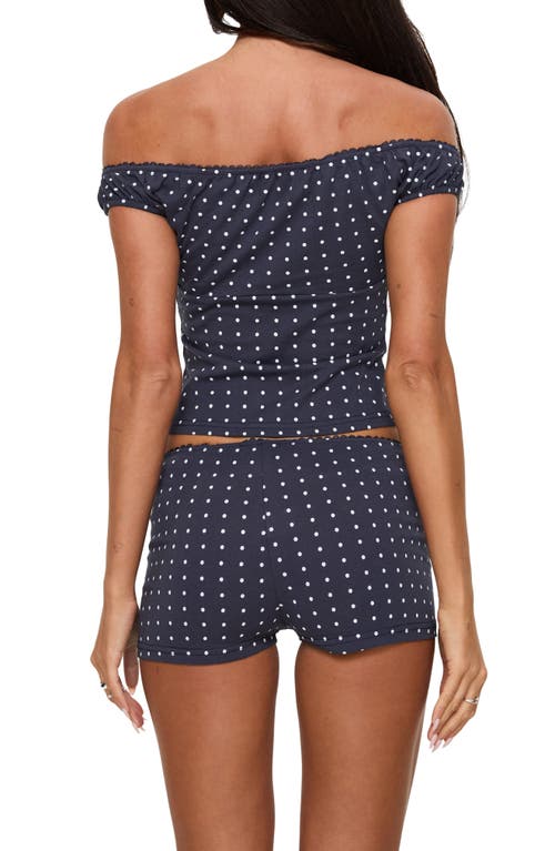 Princess Polly Drift Away Polka Dot Off-the-shoulder Cotton Top & Shorts Set In Blue
