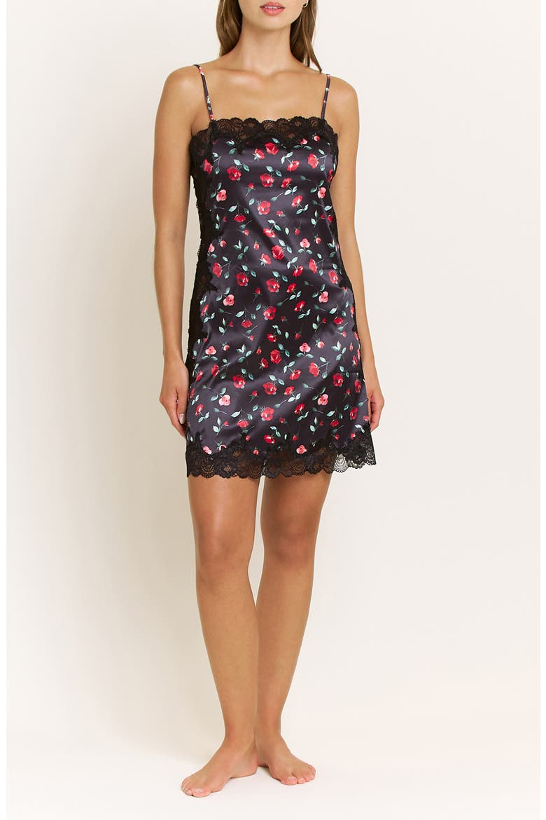 Garden of Eden Lace Trim Satin Chemise, Main, color, DARK ROSES