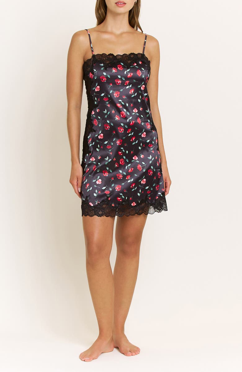 Honeydew Garden of Eden Lace Trim Satin Chemise, Main, color, Dark Roses