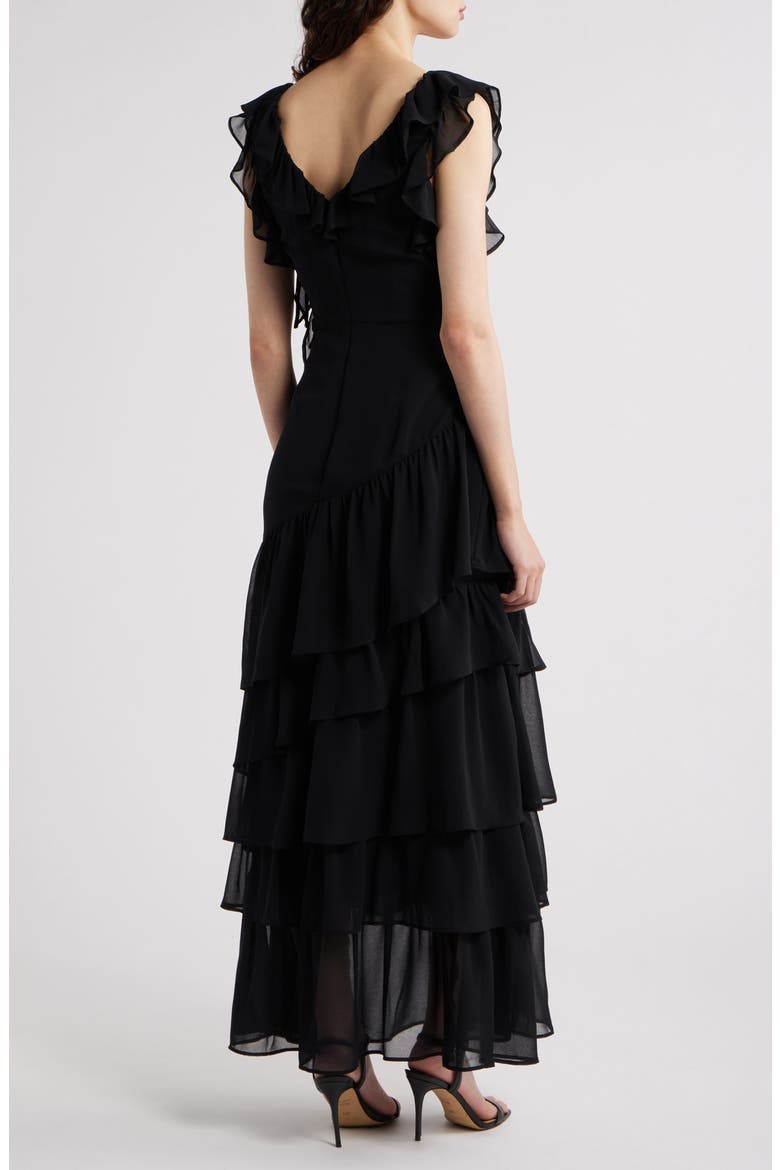Cap Sleeve Cascading Ruffle Gown, Alternate, color, BLACK