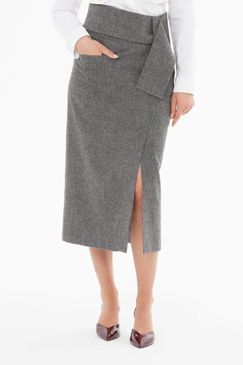 Wool-Blend Pencil Midi Skirt with Slit & Belt, Alternate, color, Grey