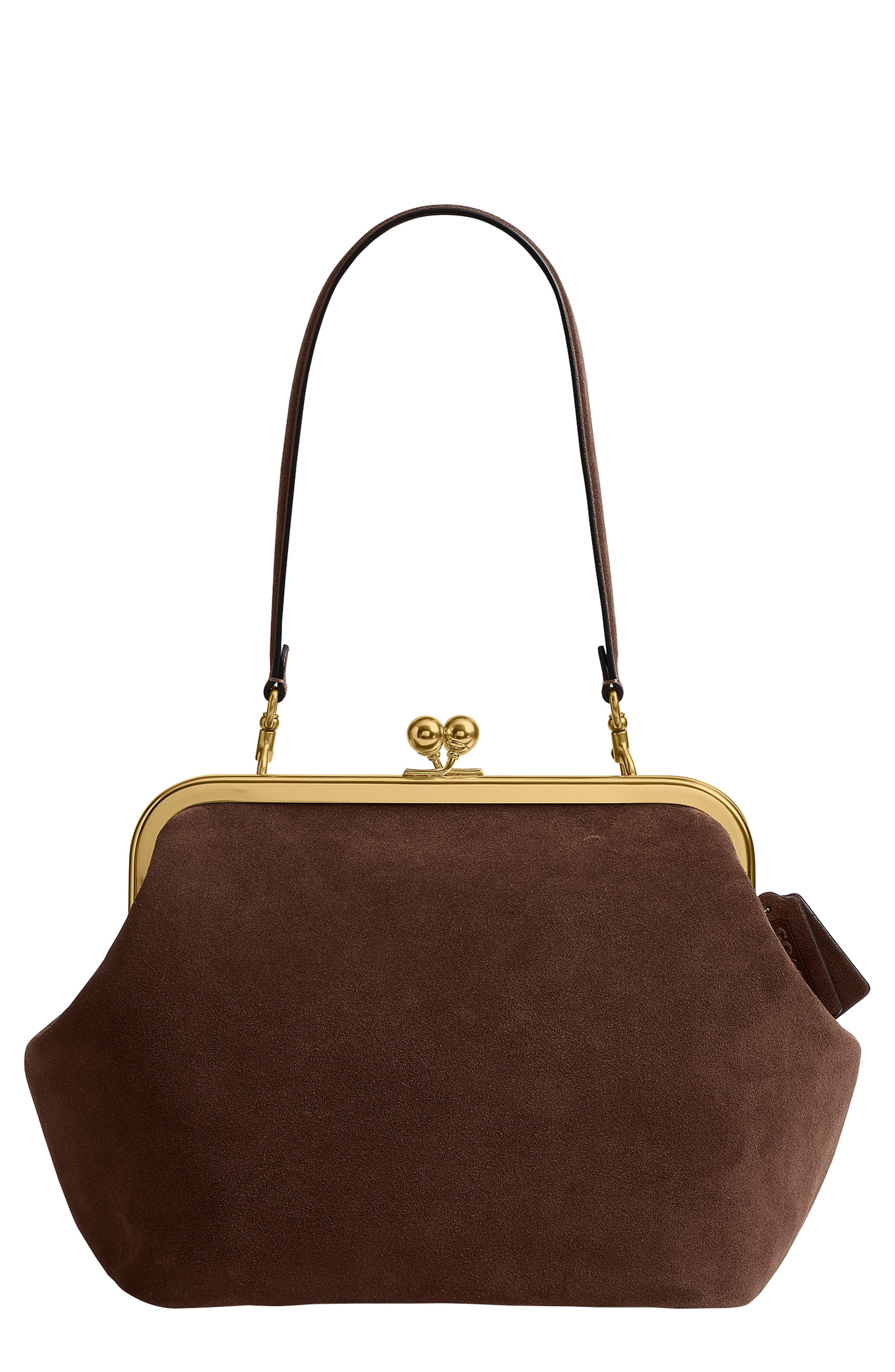 COACH Kiss-lock Frame 27 Suede Clutch, Main, color, Dark Chocolate
